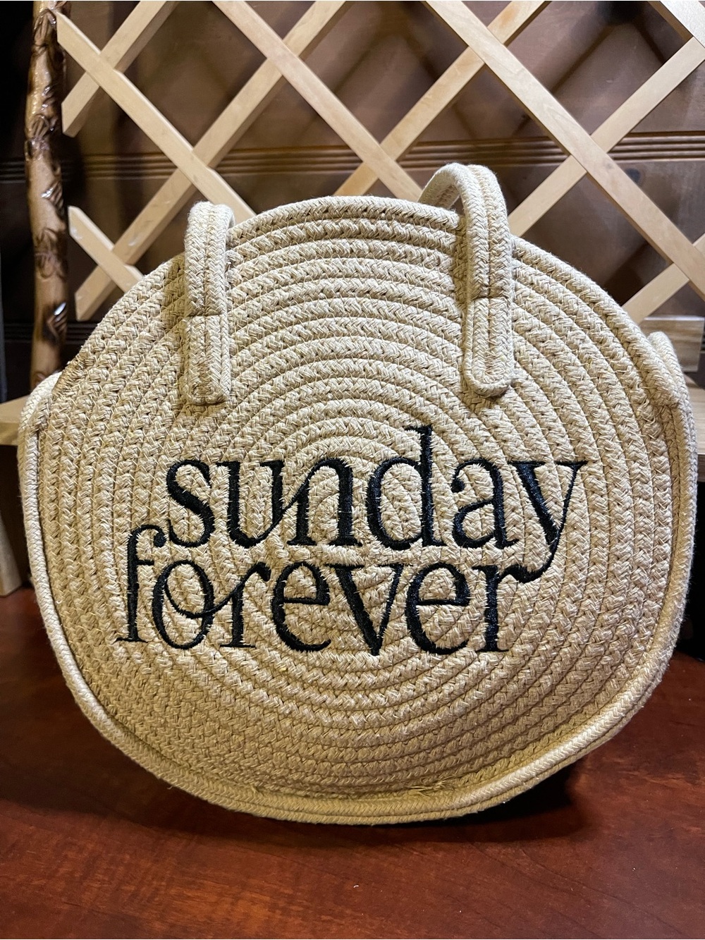 Round Rope Woven Cotton Tote Bag / Shoulder Bag / Embroidered “Sunday Forever”